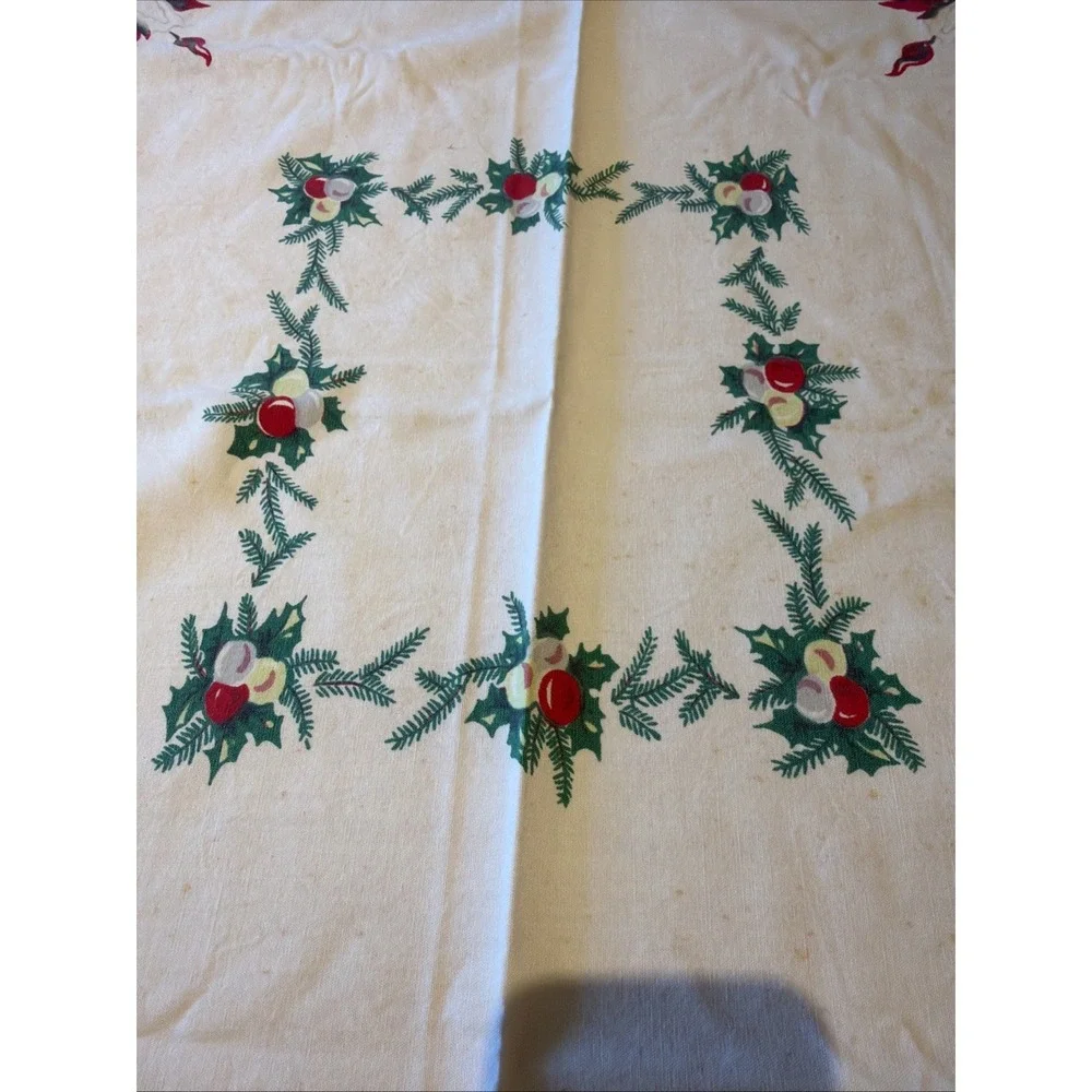 Vtg Mid-Century Modern Christmas Tablecloth Poinsettia Candles Holly 43